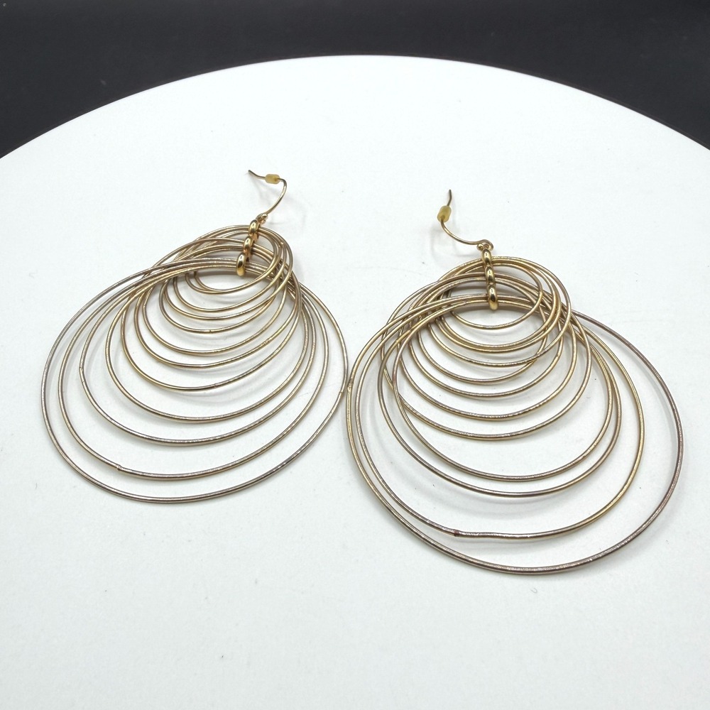 Gold Tone Concentric Multi Hoop Chandelier Earrings Oversized Dangle Statement